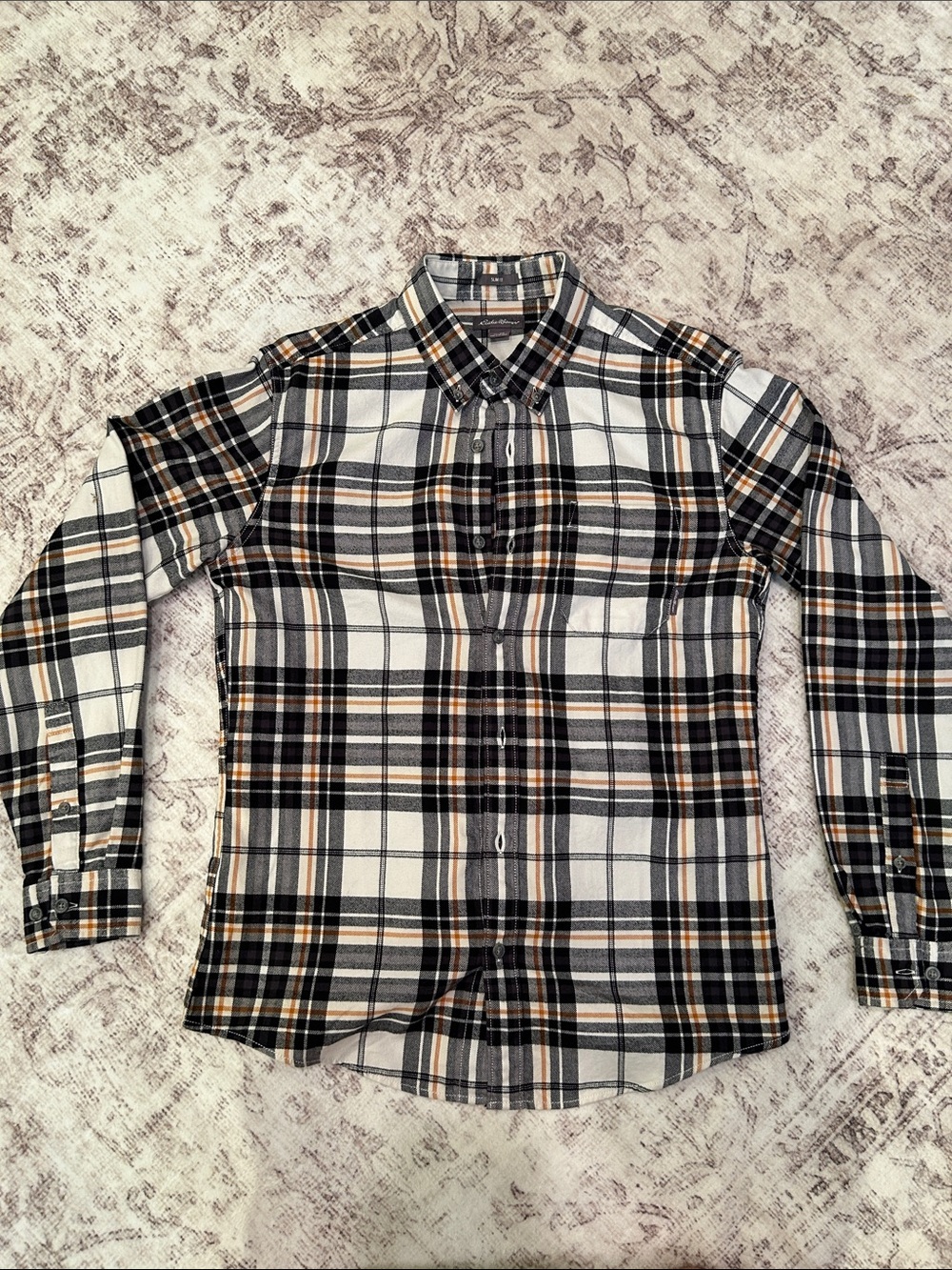 Eddie Bauer Men's Plaid Button-Down Shirt in White, Black & Tan